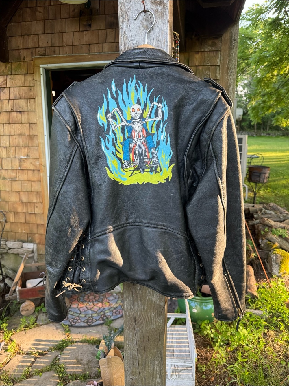 VTG Black Leather Biker Jacket w/ Hand Painted Flame Skeleton Back Graphic